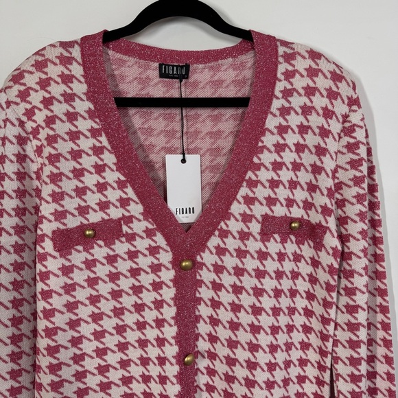 FIGARO Pink White Houndstooth Cardigan Dress Size 3 Long Sleeve Made in Greece - Picture 5 of 14